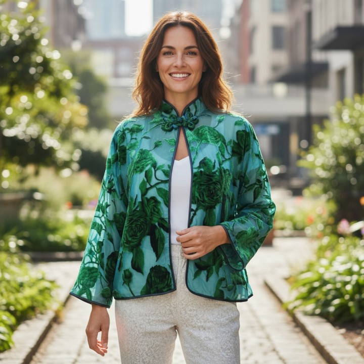 Áo khoác nhung 1 khuy ngắn nhung hoa xanh ( các màu )